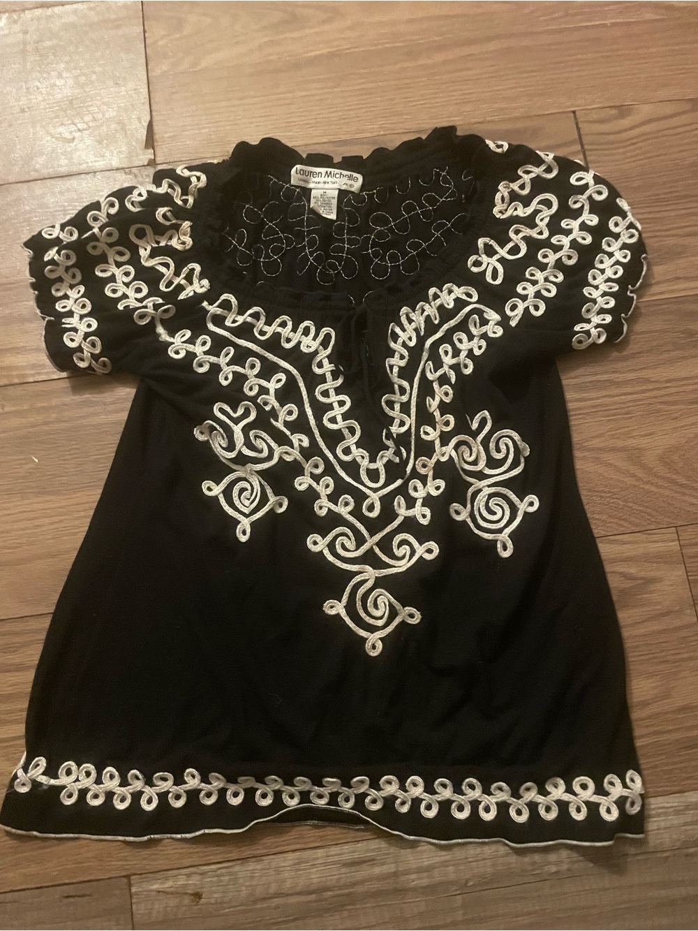 Lauren Michelle Black Short Sleeve Top with White Embroidery